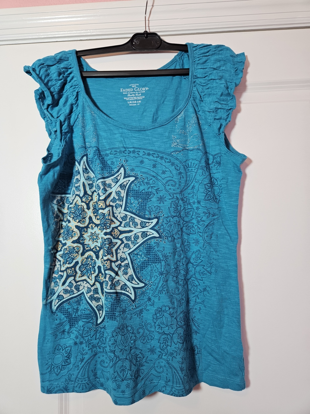 Faded Glory Teal Ruffle Cap Sleeve Tank with Mandala Graphic